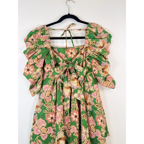 Misa Dress Green Kate Mini Ruched Puffed Floral Pintuck Tie Back A Line Boho XS - Picture 11 of 13